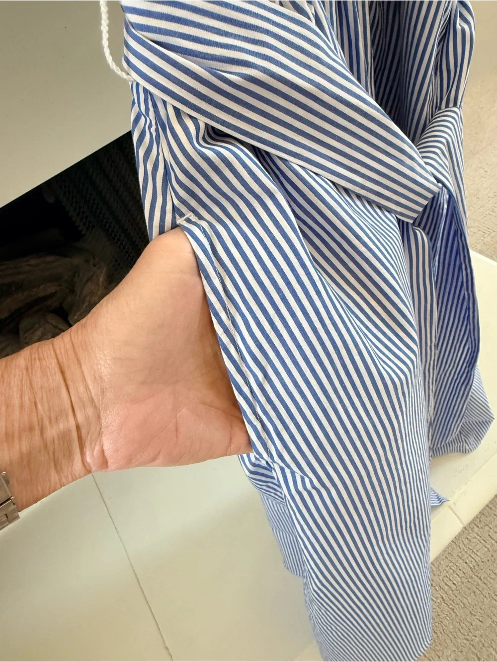J Crew Navy top and blue Striped Tie-Waist Midi Skirt with pockets